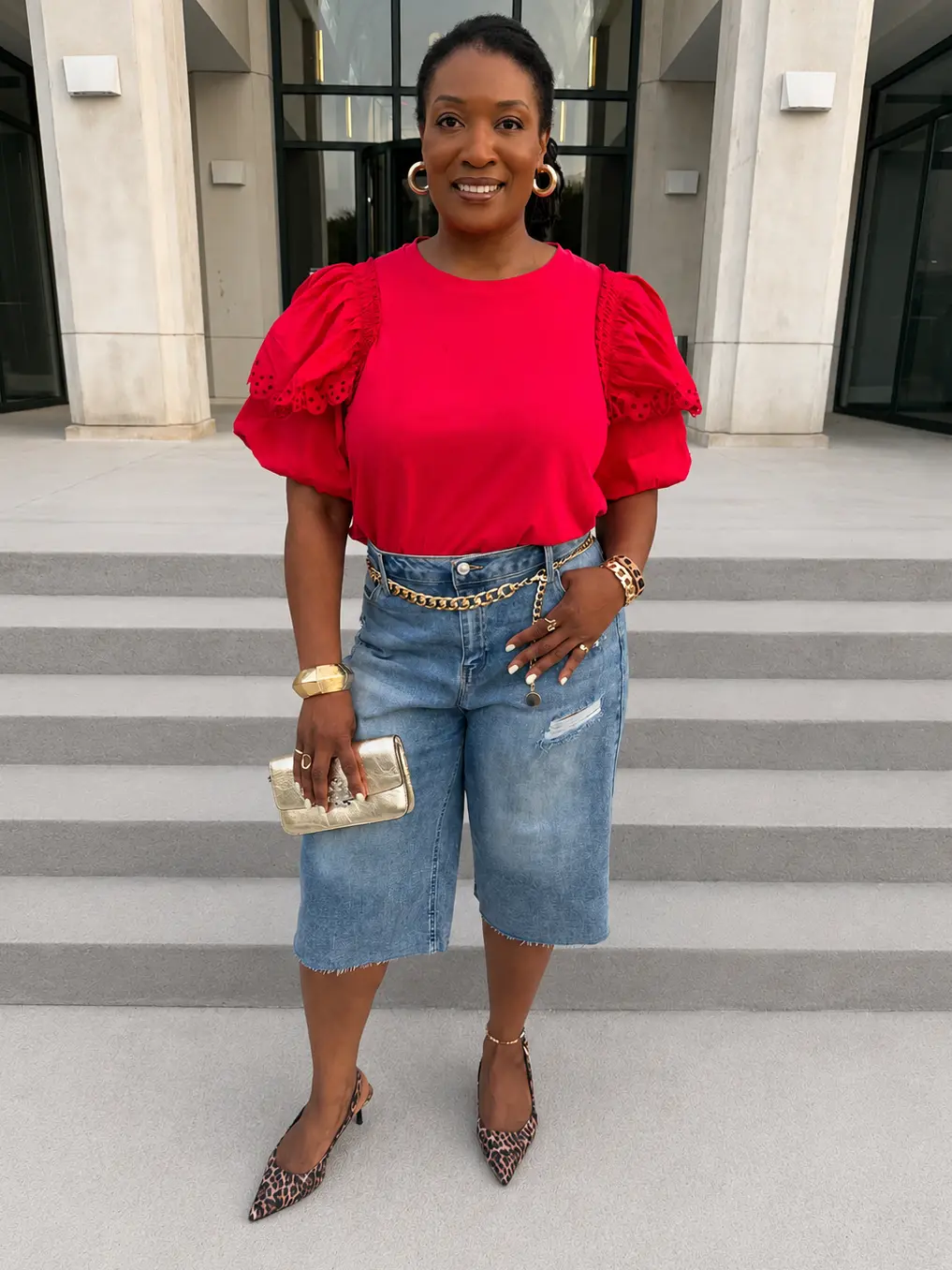 Red Cotton Poplin Bubble Sleeve Blouse