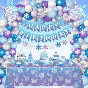 Frozen-Themed Birthday Party Decor Blue & Purple Balloon Arch, Snowflake Balloons, Tablecloth