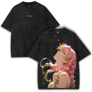Washed Oversized Mitsuri Kanroji x Demon Slayer Heavy Cotton Tee – Love Hashira Aesthetic Art | Collector Anime Drop Basic Button