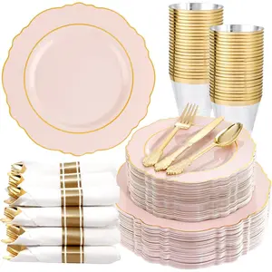 350 count Pink Plates Disposable - Pink and  Plates 50guest Baroque Plastic Dinnerware include 100Plates, 50Pack Pre Rolled Napkins with Silverware 50Cups  for Wedding&Valentine