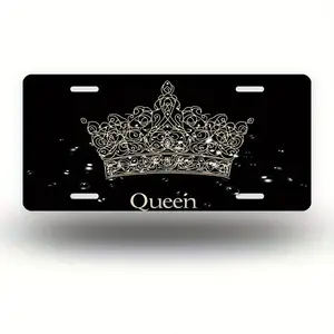 Black Crown "Queen" Design Aluminum License Plate, 12x6 Inches, Stylish Car Accessory