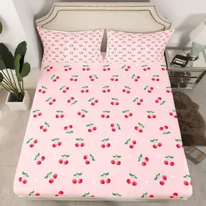 Girls Cherry Bedding Bed Sheet Set Cute Fruit Toddler Bedding Sheets Baby Women Pink Kawaii White Dots Decor Bedding Fitted Sheet Lovely Sweet Fresh Bed Cover Room