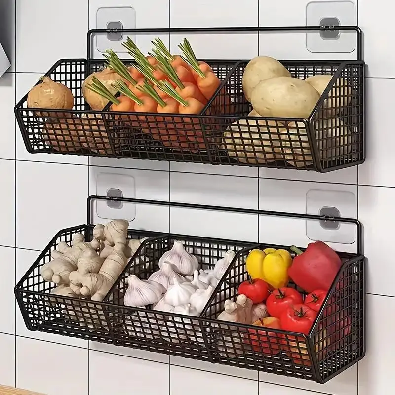 Wall Mounted Kitchen Storage Rack, 1 Count Multifunctional Kitchen Storage Basket, Durable Vegetable Storage Basket for Kitchen, Home Space Saver, Bat