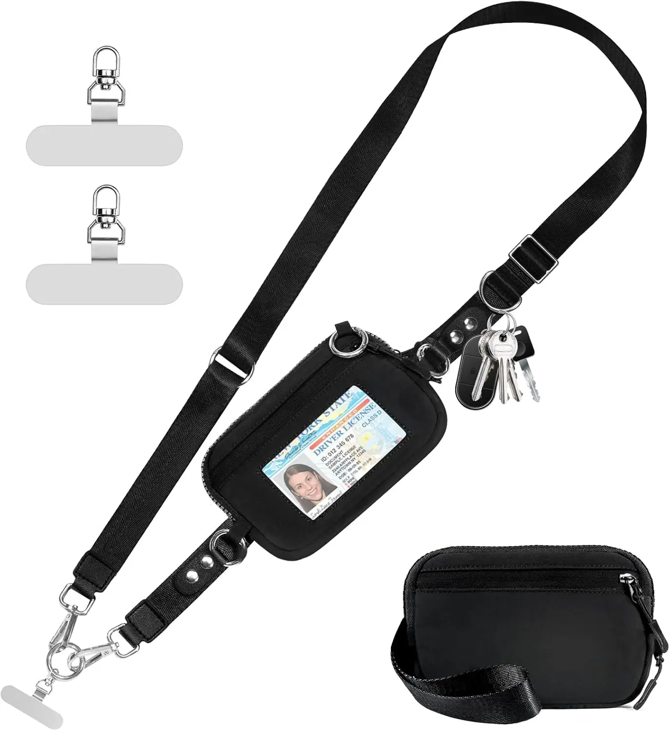 Black Adjustable Detachable RFID Smartphone Wallet Strap - Aluminum-Metal Alloy Nylon Phone Accessory with Durable Clip-and-Go Design, Transparent ID Window, Zipper, Waterproof Card Storage, Wireless Compatibility, Safety Features (Crossbody/Wristlet), Ac