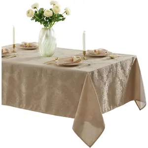 Luxury Damask Fabric Tablecloth, 52" Wide x 70" Rectangle, Golden Beige, 100% Polyester, No Iron, Soil Resistant Dining Room, Party and Banquet Table Cover