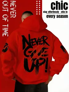 Men's Oversized 3D Japanese Kanji & English ''never Give Up'' Hoodie, / Motivational Letters, Thick 3D Print, Gym Streetwear, Large Size