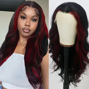 KINCY 13*4 Red Mixed Black Wave Lace Front Wigs Natural Hairline Synthetic Wig for Women Long Hair Wig Wavy 26 Inch Natural Heat Resistant Fiber Synthetic Red And Black Wigs for Halloween Daily Use Party Cosplay