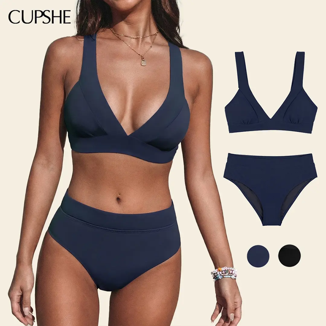 CUPSHE Women's High-Waisted 2-Piece Bikini Set - Longline V-Neck Bralette with Removable Soft Cups, Wide Straps, Beachwear for Memorial Day Beach Use #summerfinds