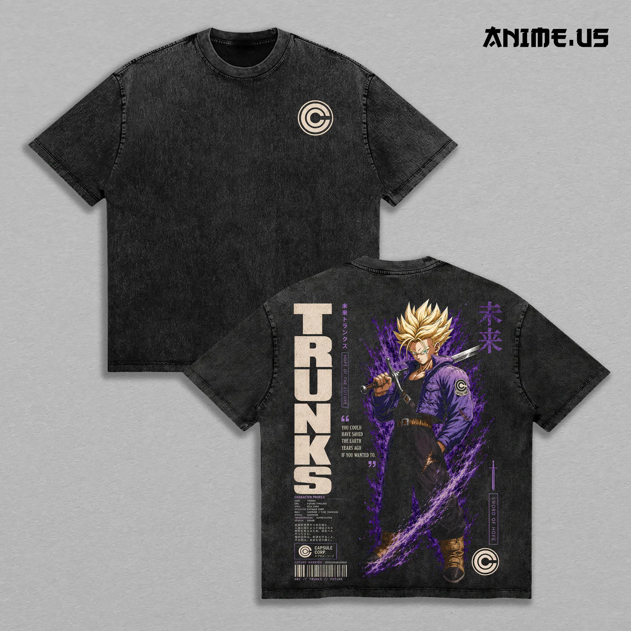 Future Trunks DBZ Vintage Washed Oversized Graphic Tee, Super Saiyan Capsule Corp Anime Heavyweight Cotton Streetwear T-Shirt