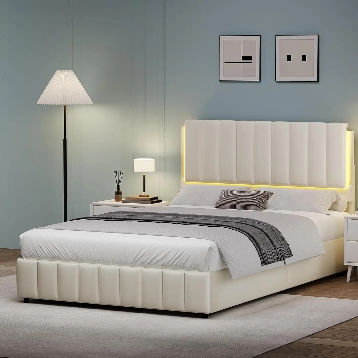 [Summerwins] HOMBCK Bed Frame with LED Lights, Faux Leather Upholstered Platform Bed with Headboard and Wooden Slats Support, No Box Spring Needed, Noise-Free, Easy Assembly #summer garden,fathers day gift ideas