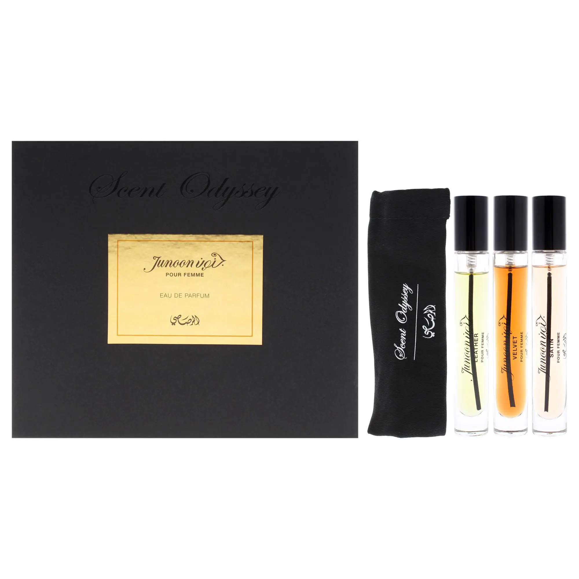 Scent Odyssey - Junoon by Rasasi for Women - 3 Pc Mini Gift Set 0.25oz Satin EDP Spray, 0.25oz Velvet EDP Spray, 0.25oz Leather EDP Spray