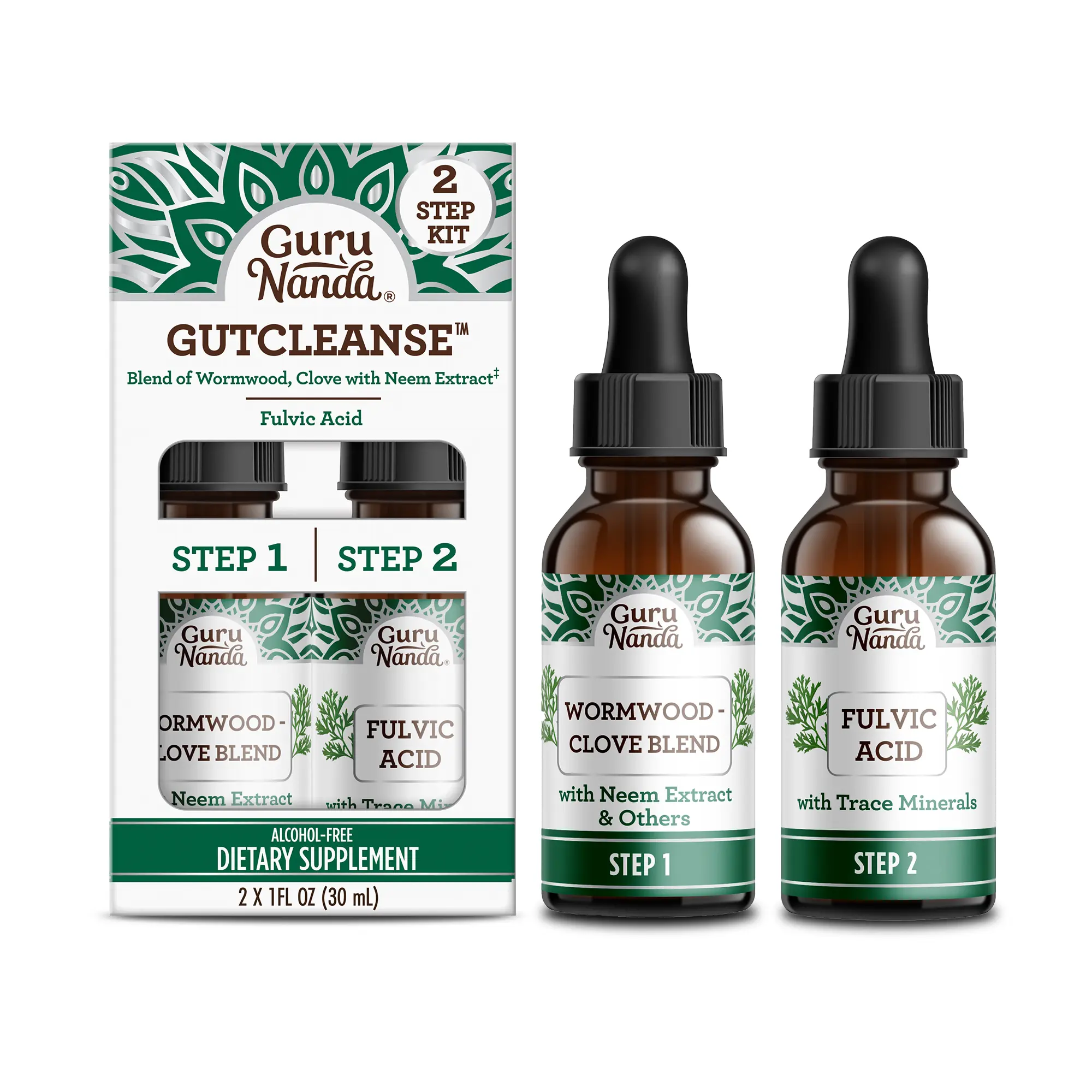 GuruNanda Gutcleanse 2 Step Kit - Dietary Supplement aids in Digestion - Fulvic Acid Blend with Natural Blend of Wormwood, Clove, Neem (2x1 Fl Oz) GuruNanda Gutcleanse 2 Step Kit - Dietary Supplement aids in Digestion - Fulvic Acid Blend with Natural Blend of Wormwood, Clove, Neem (2x1 Fl Oz)