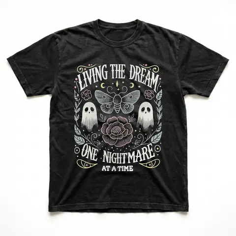 Women's Soft Fabric Vintage-Inspired Streetwear Short-Sleeve T-Shirt - "Living The Dream 1 Nightmare At A Time" Graphic, Loose Casual Chic Everyday Tee, Spring Glow Up, Outdoor Fun, Shortsleeve,summerwins,summeroutfits,vacationoutfits,beachoutfits summerv