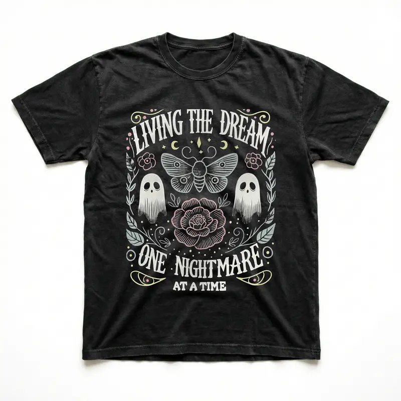 Women's Soft Fabric Vintage-Inspired Streetwear Short-Sleeve T-Shirt - "Living The Dream 1 Nightmare At A Time" Graphic, Loose Casual Chic Everyday Tee, Spring Glow Up, Outdoor Fun, Shortsleeve,summerwins,summeroutfits,vacationoutfits,beachoutfits summerv