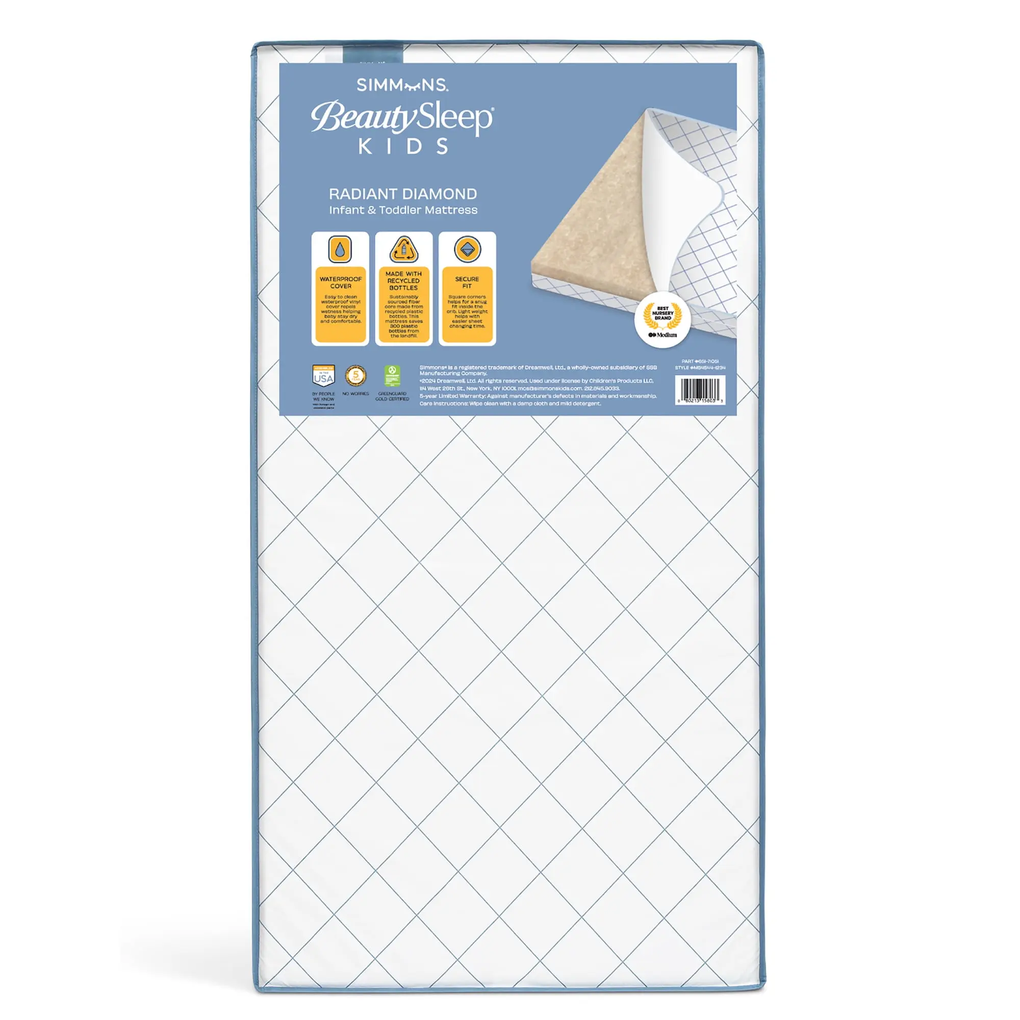 Simmons BeautySleep Kids Radiant Diamond Extra Firm Crib And Toddler Mattress, GREENGUARD Gold Certified, Sustainably Sourced Fiber Core, Waterproof, White/Blue