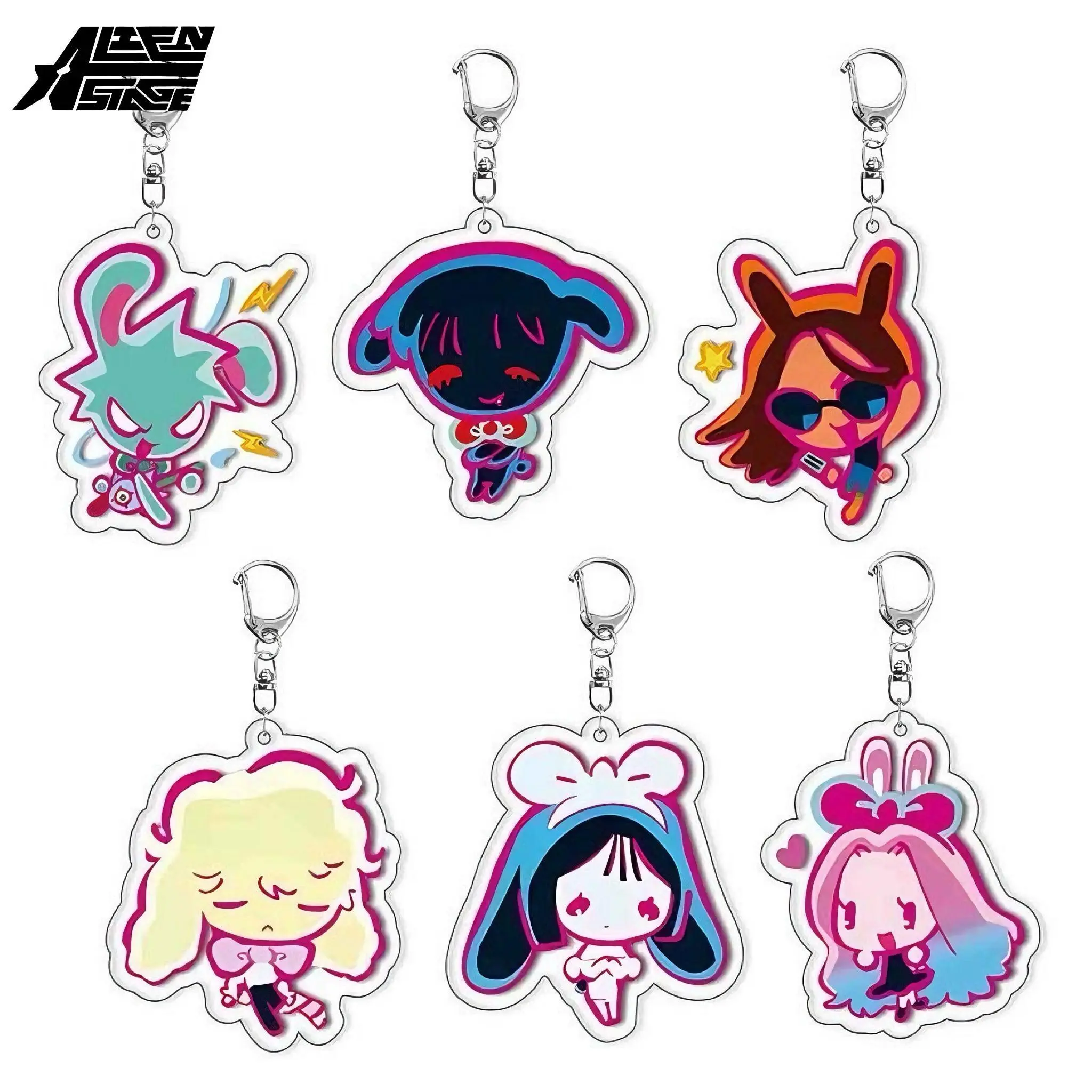 6pc Alien Stage Stained Glass Collectible Set Keychain Charms - Limited Edition Korea Rabbit Cafe Cutecore Alnst Merch Plastic Accessories, Unisex Casual Wear Student Backpack Gifts, Mix & Match