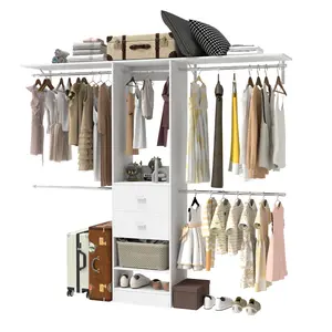 Adjustable Closet Organizer Tower with Drawers, Shelves and Extendable Hanging Rods, Open Wardrobe Storage System with Height Adjustable Racks, White, 72.86-114.86 in Adjustable Width