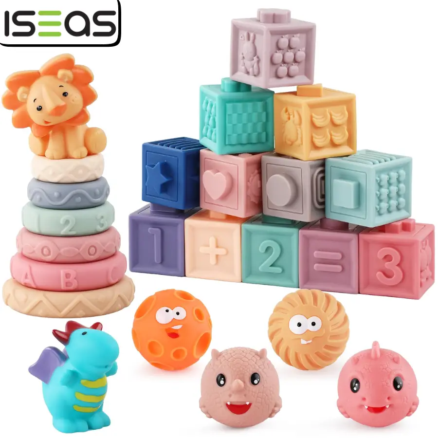 ISEASY Montessori Toys for Babies 6-12 Months, 3 In 1 Soft Baby Toys Set with Stacking Building Blocks, Soft Teething Toys, 23 PCS Sensory