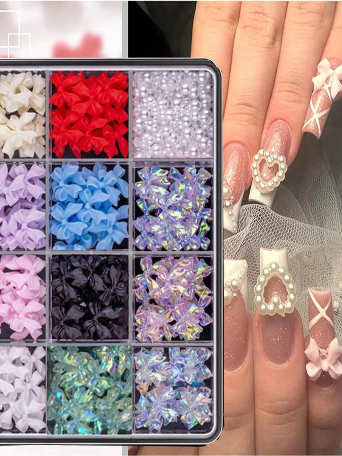 12 Grids 3D Bow & Flatback Pearl Nail Charms Set, 12 Colors Shiny Bow Nail Jewels, DIY Nail Art Decorations with Pickup Tools for Women Nail Art Design, Nail Art Supplies