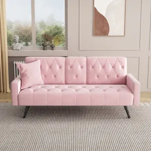 72" Modern Velvet Fabric Tufted Back 2-Seat Futon Sofa Bed Convertible Sleeper Couch - Adjustable Backrest, 2 Cup Holders, Small Couch for Living Room, Small Spaces (Pink)