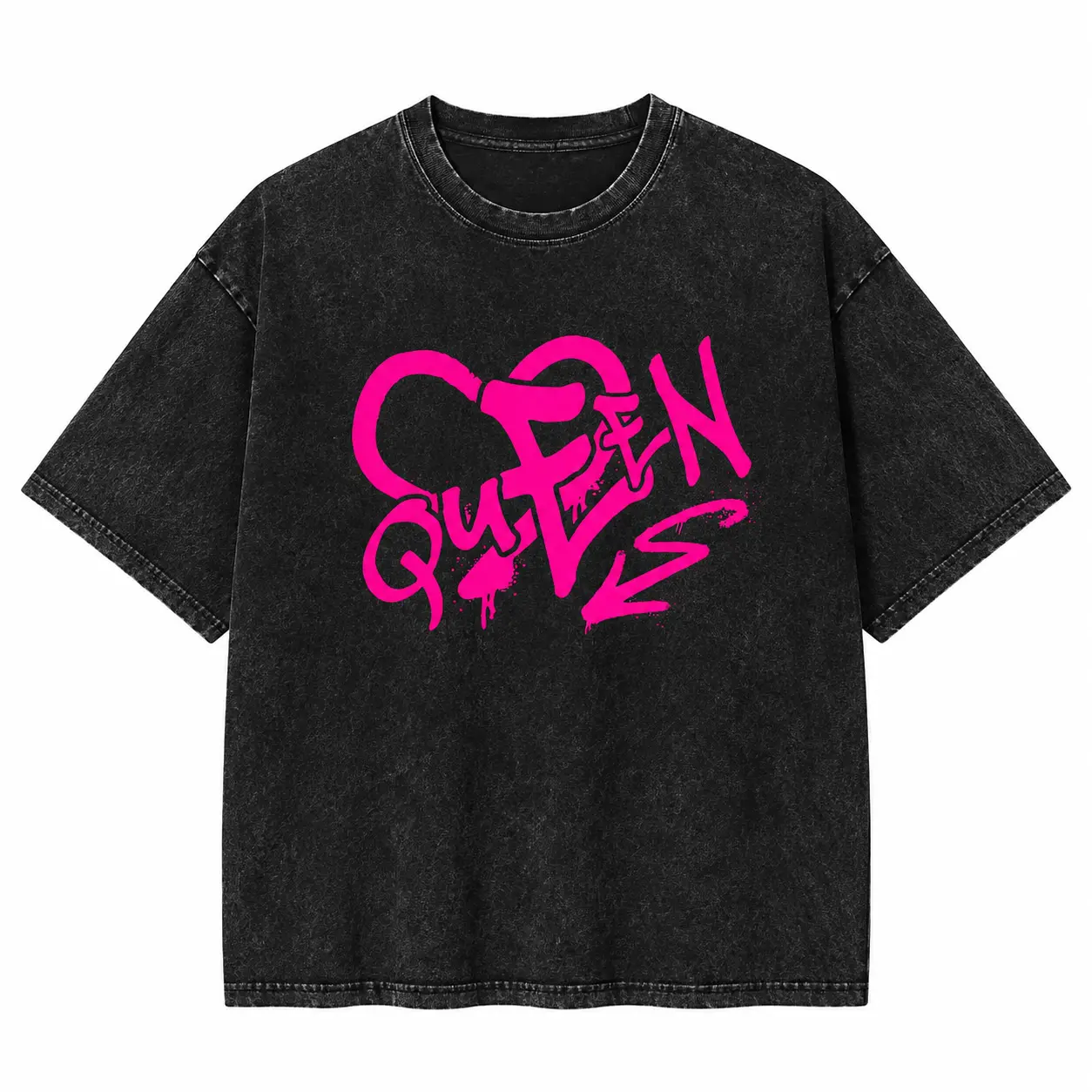Queen Graphic T-Shirt - Washed Black Hot Pink Print - Unisex Short Sleeve Crewneck Soft Cotton Heavyweight Casual Streetwear Tee Tops - Graffiti Spray Paint Heart Vintage Oversized Outfit Men Women Gifts  3540