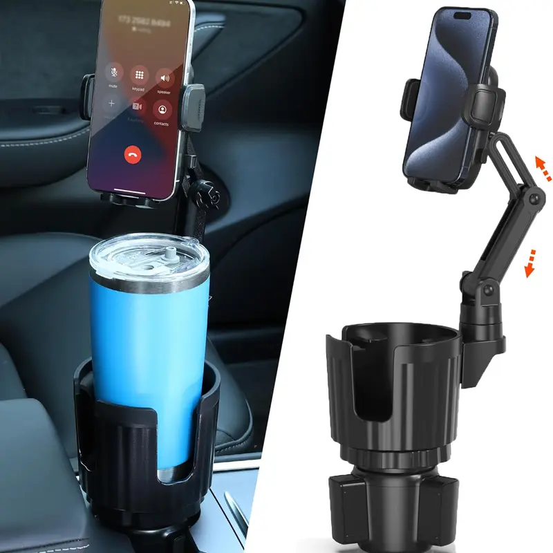 Car Cup Holder Phone Holder With Expandable Base, 2 in 1 Cup Phone Holder Adapter For Car, 360 Degree Rotating , Fits All 4-7inch Smartphones and Under 4.3inch Wide Most Bottles