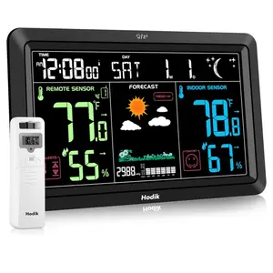 Station Clock Indoor Thermometer, Barometer Humidity Temperature Monitor Hygrometer with High Sensor Black