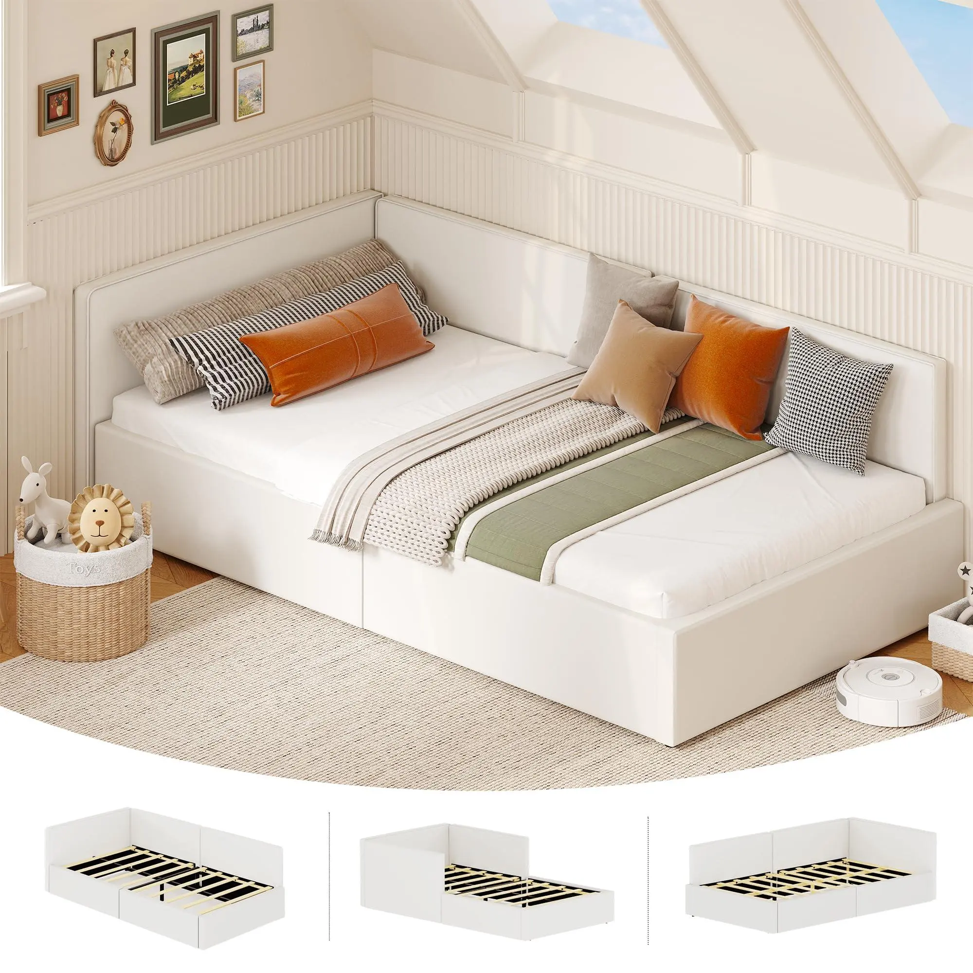 Twin Daybed with Bed Rails, Velvet Upholstered Corner Bed Frame with Headboard, Modern Kids Bed with Guardrail for Living Room, Bedroom, Easy Assembly, Beige