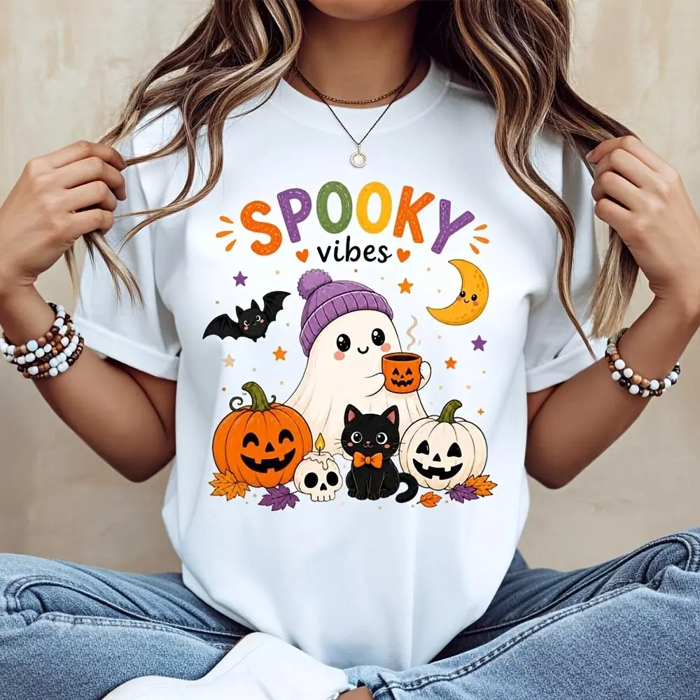 Spooky Vibes Ghost Pumpkin Cat Print, T-Shirt, Halloween Festival Holiday Theme, Casual Party Wear