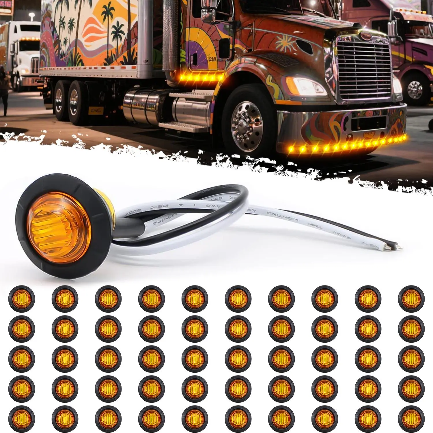 DIBMS 50 pcs 3/4 Inch Mount Amber 3 LED Mini Round Trailer Side Marker Indicator Lights Clearance Button Signal Lamps Universal for Trucks Lorry Boat Pickup Bus Caravan RV Waterproof Sealed Bulbs 12V DC, Amber cop lights ,Amber LED Grille Light Kit