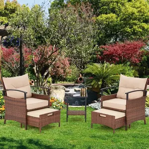 2-Person Patio Conversation Set with Cushions, Outdoor Wicker Chairs with Pull-Out Ottoman & Coffee Table, Space-Saving Rattan Patio Furniture for Balcony, Garden, Porch, Backyard