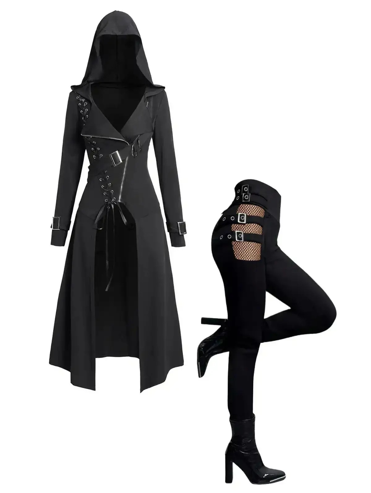2026 Gothic Matching Set Women Outfit Lace Up Zip Hooded Coat and Hollow Out Skinny Pants Halloween Outfits, Moisture Wicking, Versatile Style, Stretch Fabric, Yoga Wear, Active Lifestyle, Workout Clothes, Active Wear