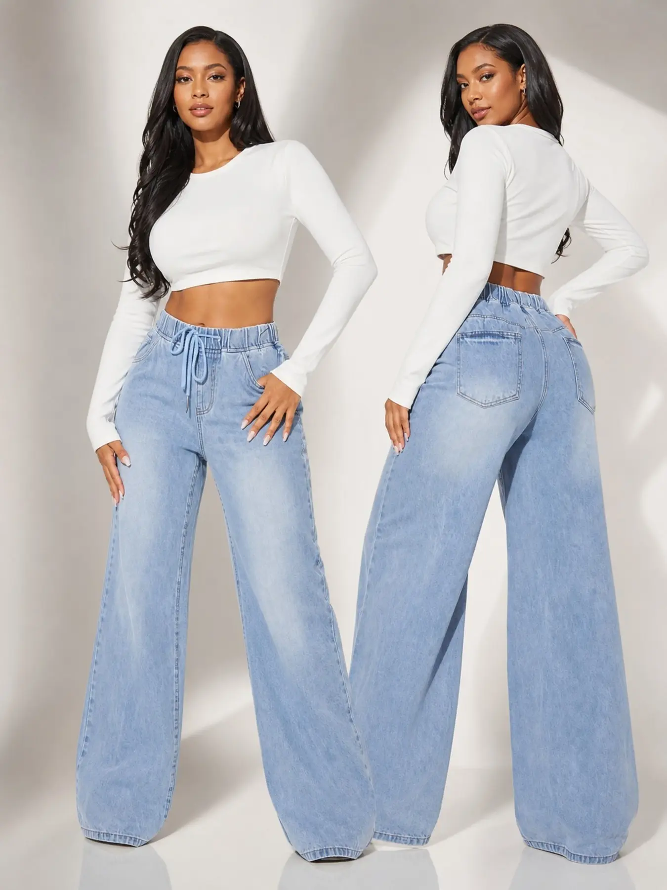 Women Washed Light Blue Drawstring High Waist Wide Leg Jeans Loose Floor Length Denim Pants Casual Streetwear