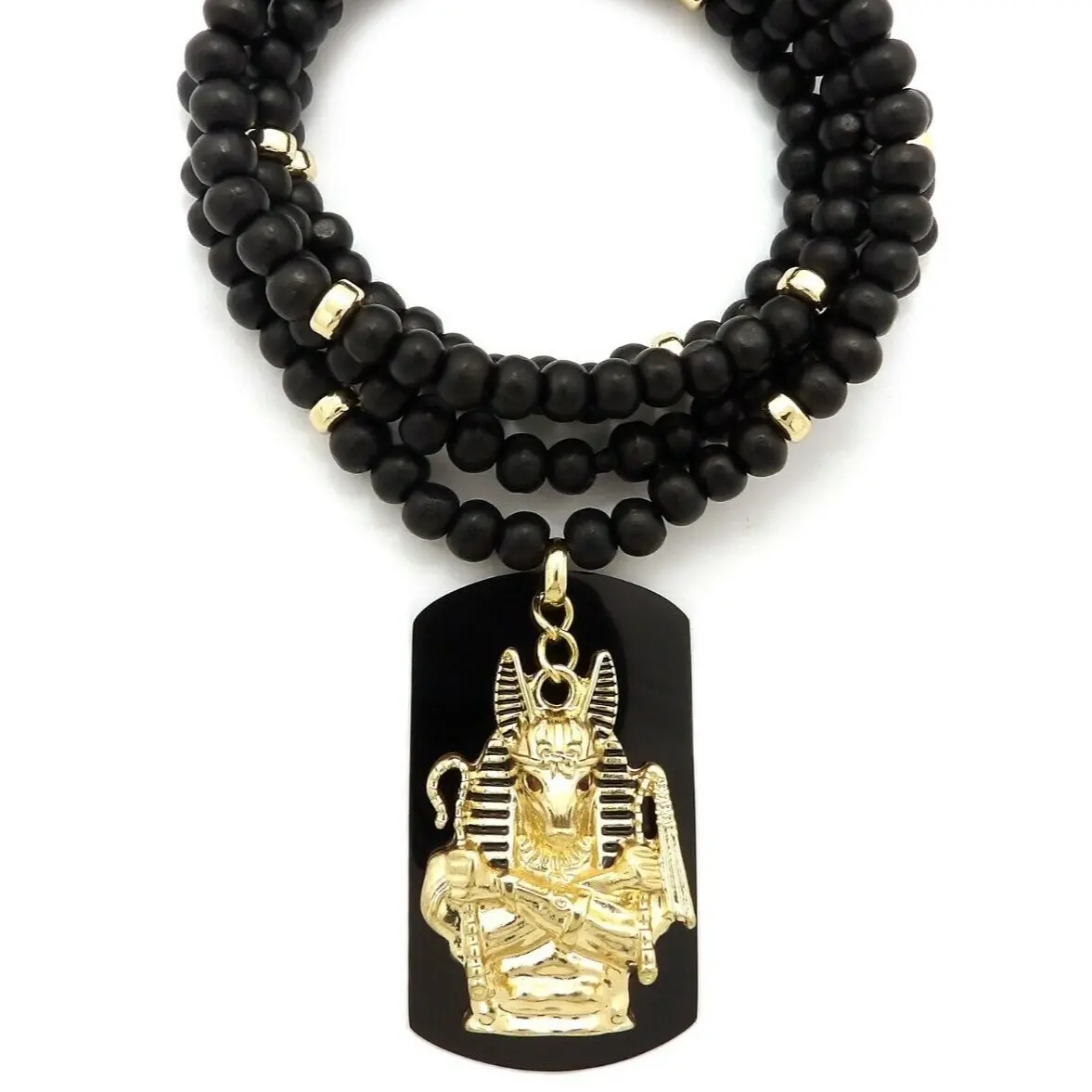 MaxBling81 Unisex Culturally-Inspired Iced Egyptian Anubis & Dog Tag Pendant Necklace, 6mm 30" Wooden Bead Chain, Gold Plated Chain, Fashion Costume Jewelry Accessory, Bead Chain Necklaces
