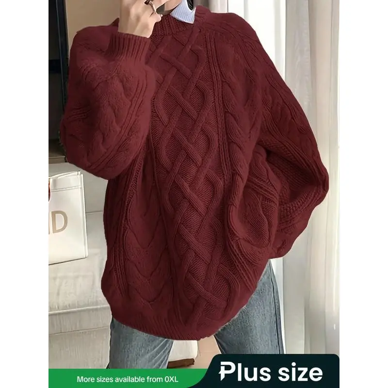 Women's Plus Size Loose-Fit Casual Round Neck Long-Sleeve Knitted Pullover Sweater - Plush Fabric, Fall & Winter Sports Tops, Comfortable Stylish Gift, Sporty Sports Tops