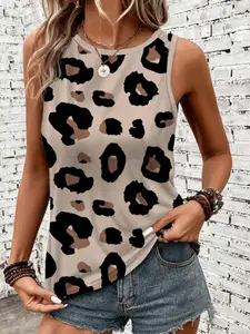 A ladies' khaki round-neck leopard-print Fitted Knit Stretchy sleeveless pullover top, versatile and suitable for all occasions