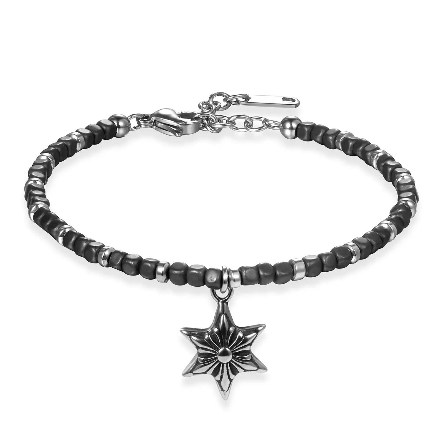 OIDEA Unisex Vintage Star of David Beaded Bracelet, Polished Stainless Steel & Black Onyx Stone Beads, Adjustable Jewish Jewelry, 6.88-inch, 6.88 Inches, Hanukkah, Cultural Pride, Jewish Heritage, Symbol Of Faith, Thoughtful Gift For Hanukkah, Universal S