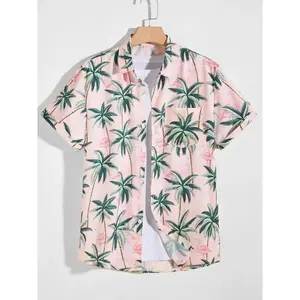 Men's Palm Tree Printed Short Sleeve Shirt, Summer Casual Button Front Top, Beach Vacation Men's Wear, Aloha Style ShirtRAIMENTRY