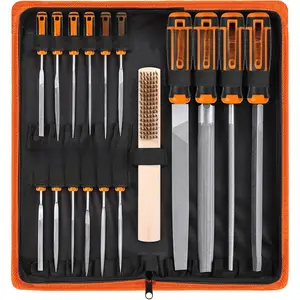 25 count Metal File Set,  Grade T12 Drop Forged Alloy Steel, Flat/Triangle/Half-round/Round Large File and 12 count  Files with Carry Case, 6 count Sandpaper, Brush, A Pair Working Gloves