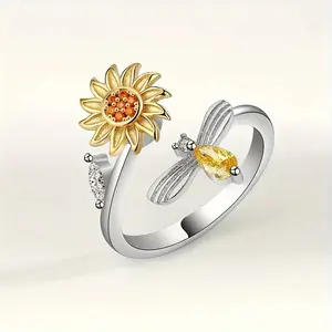 Glam Silver Plated Adjustable Men's Ring - Unique Rotating Zirconium Bee & Sunflower, Perfect For Couples