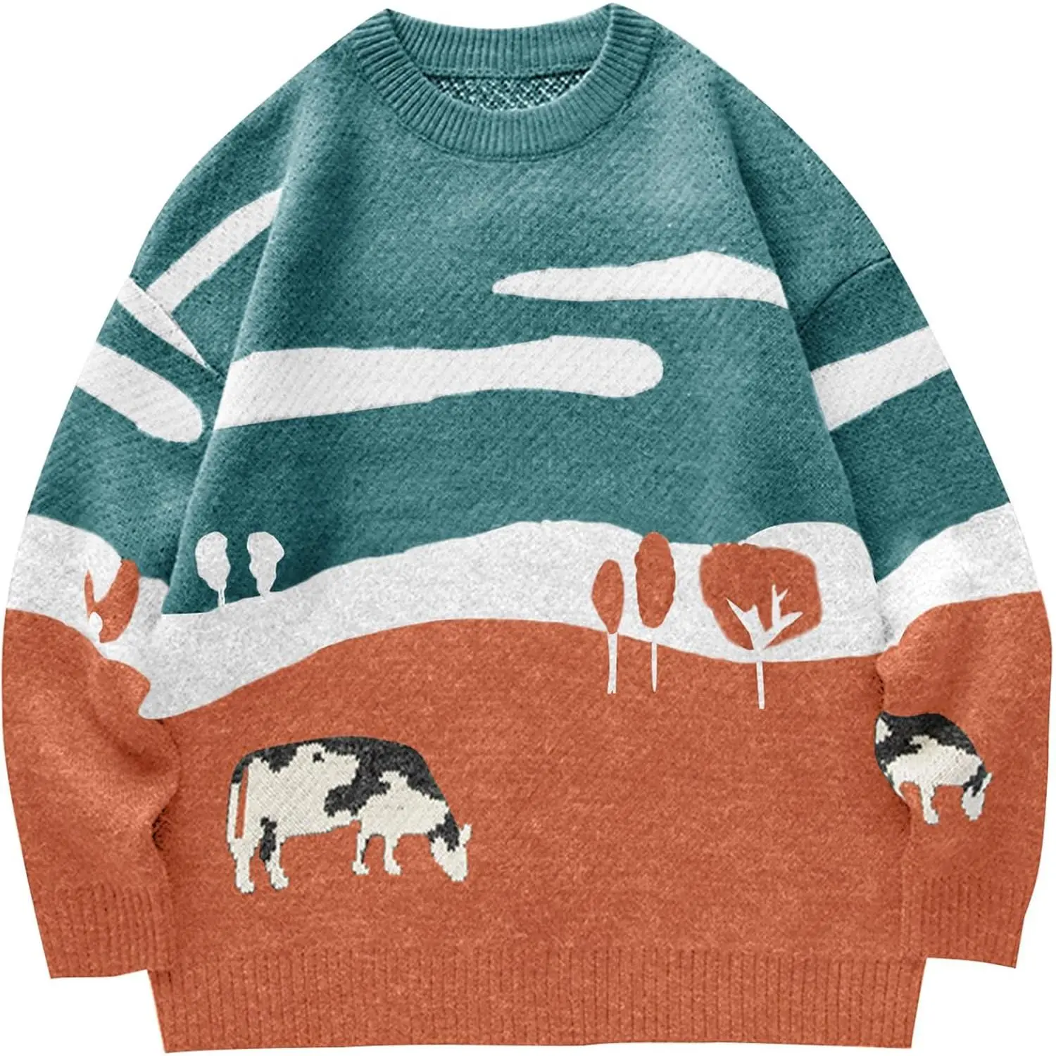 Flygo Men's Cow Animal Knit Pullover, Harajuku Streetwear Grandpa Aesthetic Chunky Oversized Casual Sweater for Fall Winter Christmas, Animals