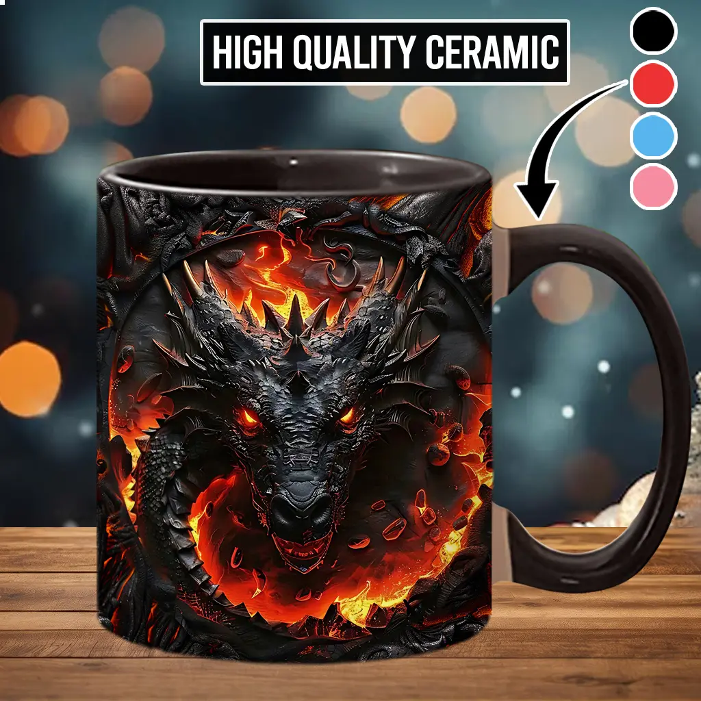 Stylish 2D Sublimation Fire Dragon Ceramic Cup, Washable Kitchenware Drinkware for Beverages & Drinks - drg7087