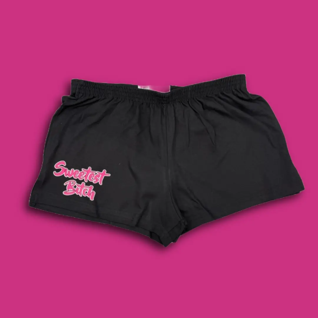 Women's Casual Black Boy Shorts, Low-Rise Cotton Blend with "Sweetest Bitch" Personality Print and License Plate Graphic, Casual Black Shorts, Personality Print Shorts