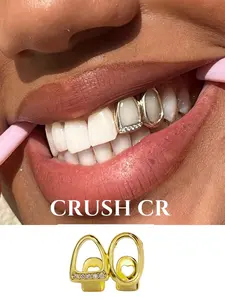 CRUSH CR 18K Gold Plated Open Face Dual Tooth Grillz, Gold/Silver Options Perfect for Y2K Aesthetic Outfits, Brunch Dates Daily Commutes,  Music Festivals, Club Nights TikTok Photoshoots,  Galentine’s Birthday Gift Lightweight Comfortable for All-Day Wear