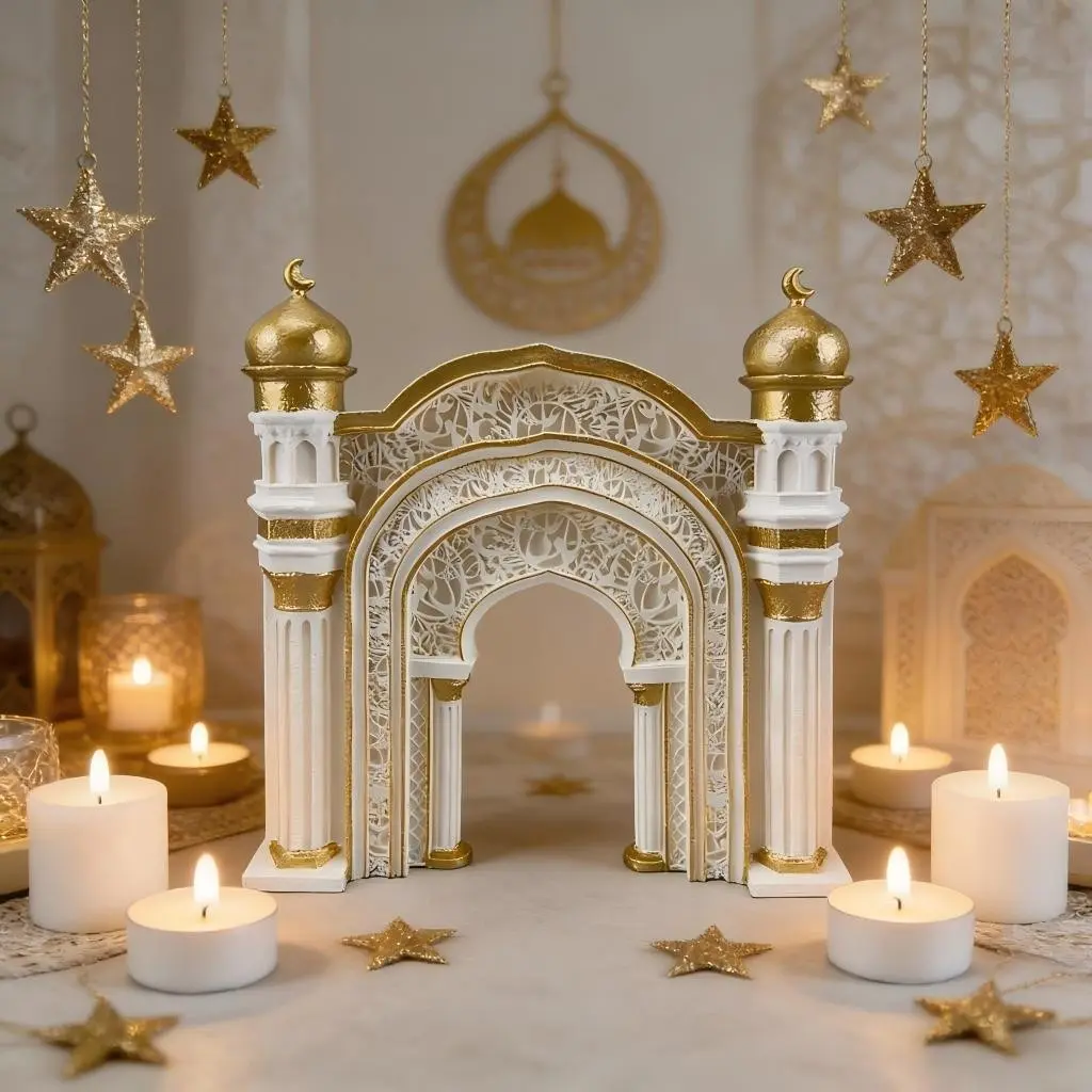1 PC Ramadan Mubarak Islamic Arch Table Decor Gold White Mosque Ornament Eid Al Fitr Home Party Decoration with Star Moon Candle Theme