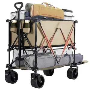 Foldable Double Decker Wagon with Brakes, 440lbs Heavy Duty Utility Cart with All-Terrain Wheels & Adjustable Handle, 320L Large Capacity Folding Wagon for Camping, Beach, Garden & Grocery