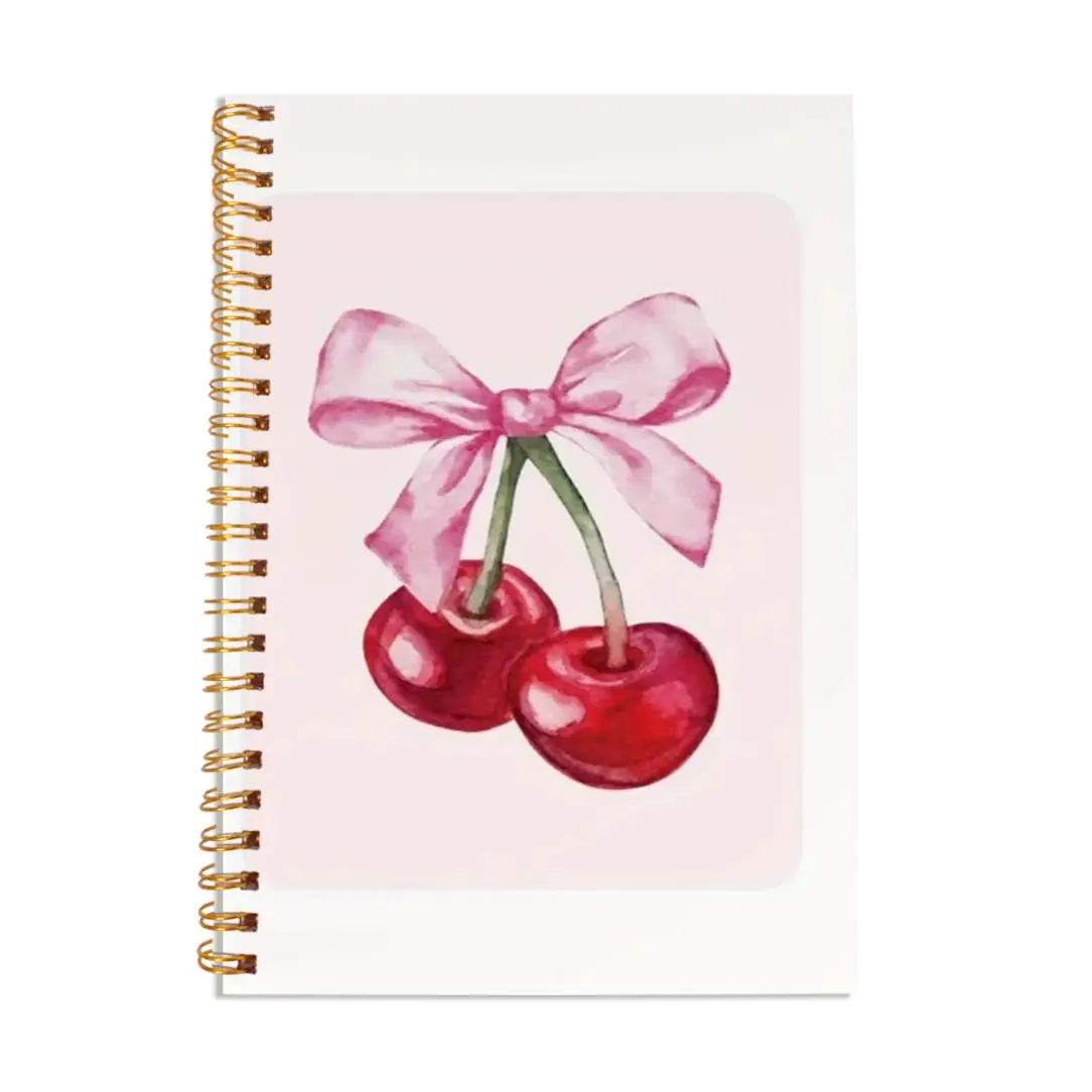 Cherry & Bow Pattern Spiral Journal Notebook, 1 Count Trendy Girly Style Notebook, 50 Sheets Bow Cherry Funky Hardcover Spiral Notebook, Memory Journal