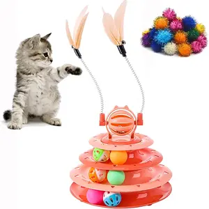 Roller 4-Level Turntable  Toys Balls with 14 count Colorful Pom Pom Balls Interactive Fun Mental Physical Exercise Puzzle Kitten Toys (Orange)