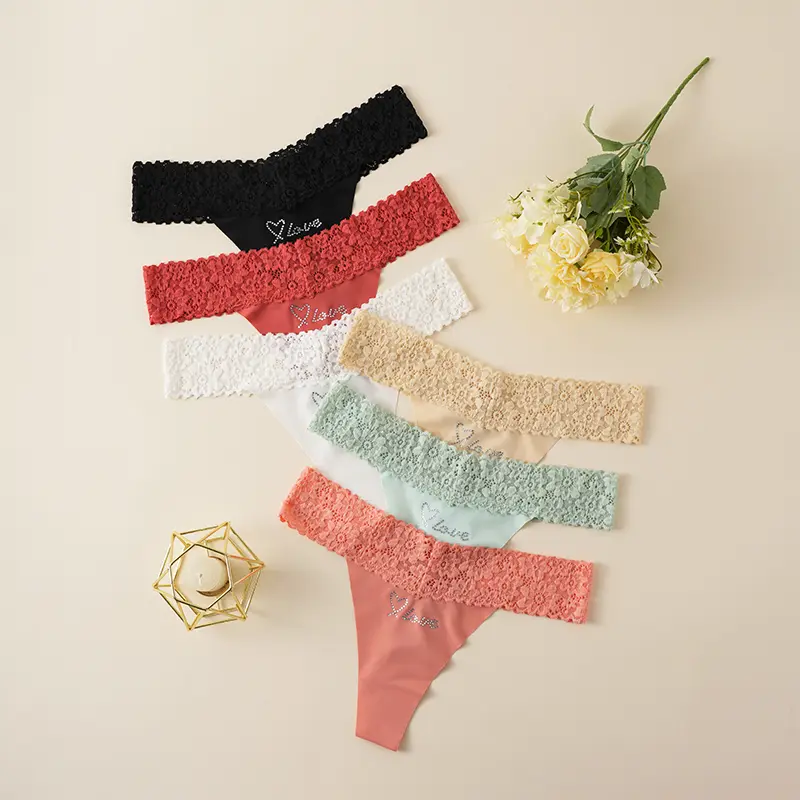 DEQDH Women's 6-Piece Luxurious Lace Sparkling Diamond Basic Sports Underwear - High-Waisted Panties & Thongs, 6 Color Choices, Underwear for Women, Ideal for Thanksgiving, Chinese New Year, Romance Womenswear