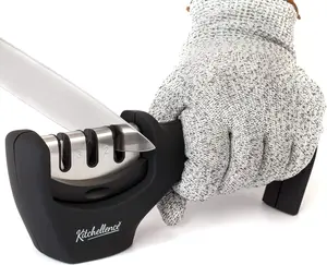 4-in-1 Kitchen Knife Accessories: 3-Stage Knife Sharpener Helps Repair, Restore, Polish Blades and Cut-Resistant Glove (Black)